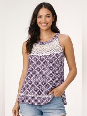 Skies Are Blue Lace Yoke Tank Top Boho Crochet Pom Trim Print S